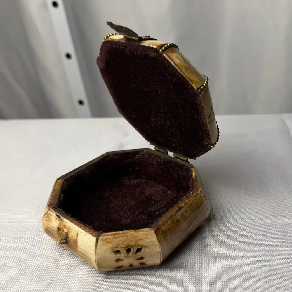 Vintage Camel Bone & Brass Trinket Box Octagonal India Green Cabochon